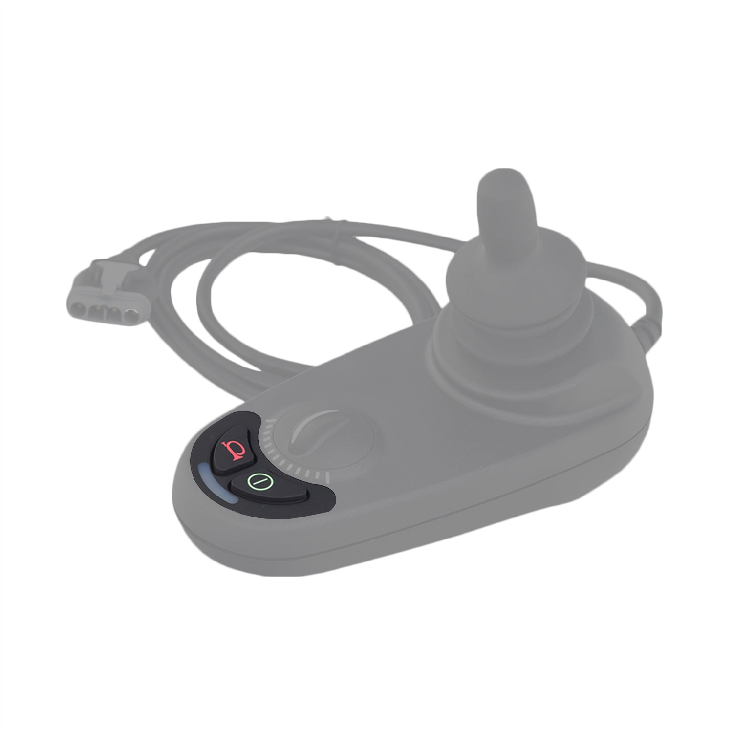 Keypad for 2-Key GC Joystick Remote for Jazzy Select Power Chairs, featuring horn and On/Off buttons, visible as a grey device with a cord and close-up of a button and plug.