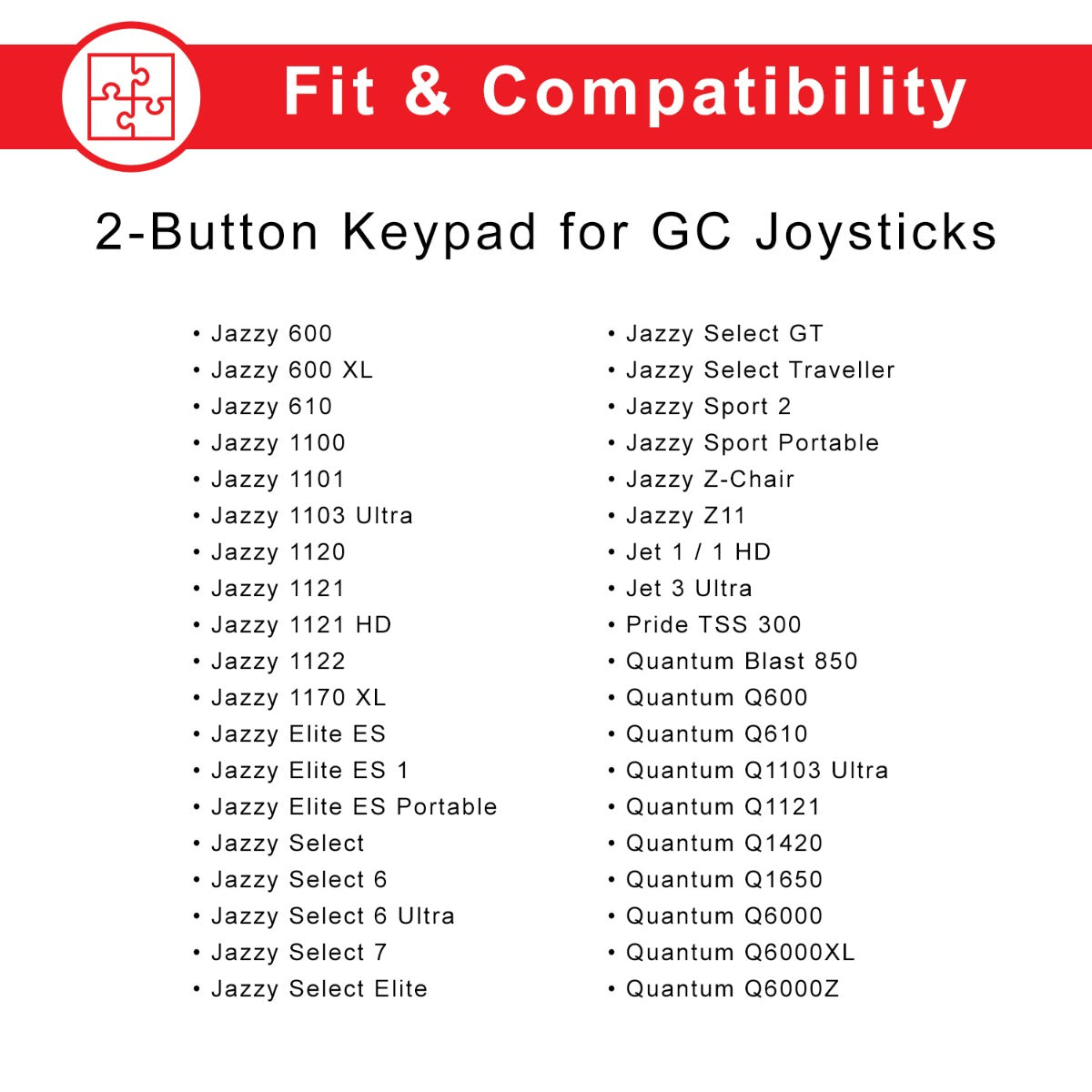 Keypad for 2-Key GC Joystick Remote for Jazzy Select Power Chairs, shown as a white and red rectangular box with black text, highlighting the horn and On/Off buttons.