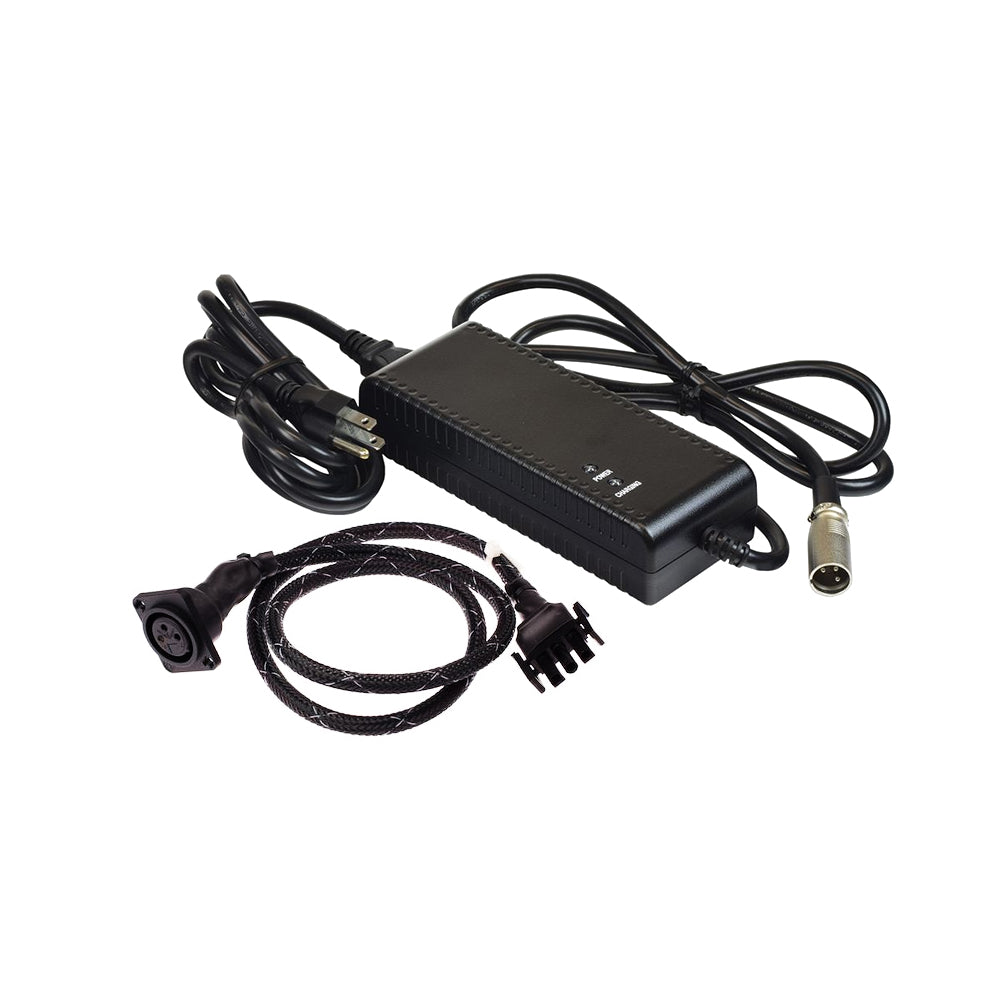 24 Volt 3.5 Amp Battery Charger for Pride Revo Scooter, showing black power supply with attached cables and XLR connector, designed for off-board charging with automatic shutoff and LED indicators.