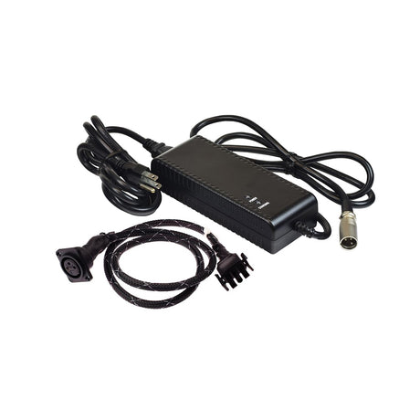 24 Volt 3.5 Amp Battery Charger for Pride Revo Scooter, showing black power supply with attached cables and XLR connector, designed for off-board charging with automatic shutoff and LED indicators.