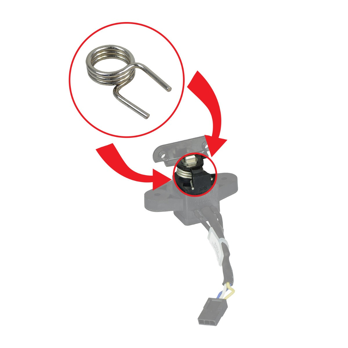 Universal Throttle Pot Torsion Spring close-up: a coiled metal spring with visible wire loops, designed for throttle potentiometers on various mobility scooters to enhance lever stability and control.