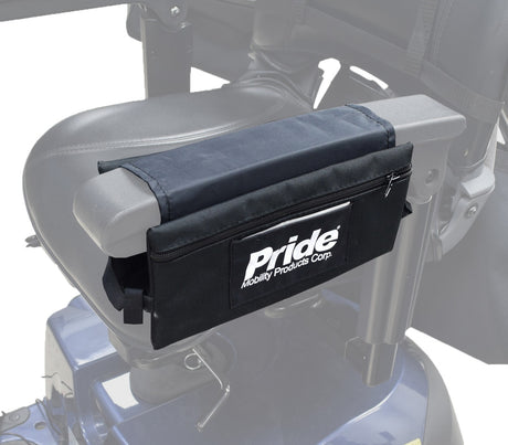 Close-up of a 12-1/2 x 9-7/8 Dual Saddle Bag for Pride Mobility Scooters, shown attached to a wheelchair armrest, highlighting the bag's zipper and handle.