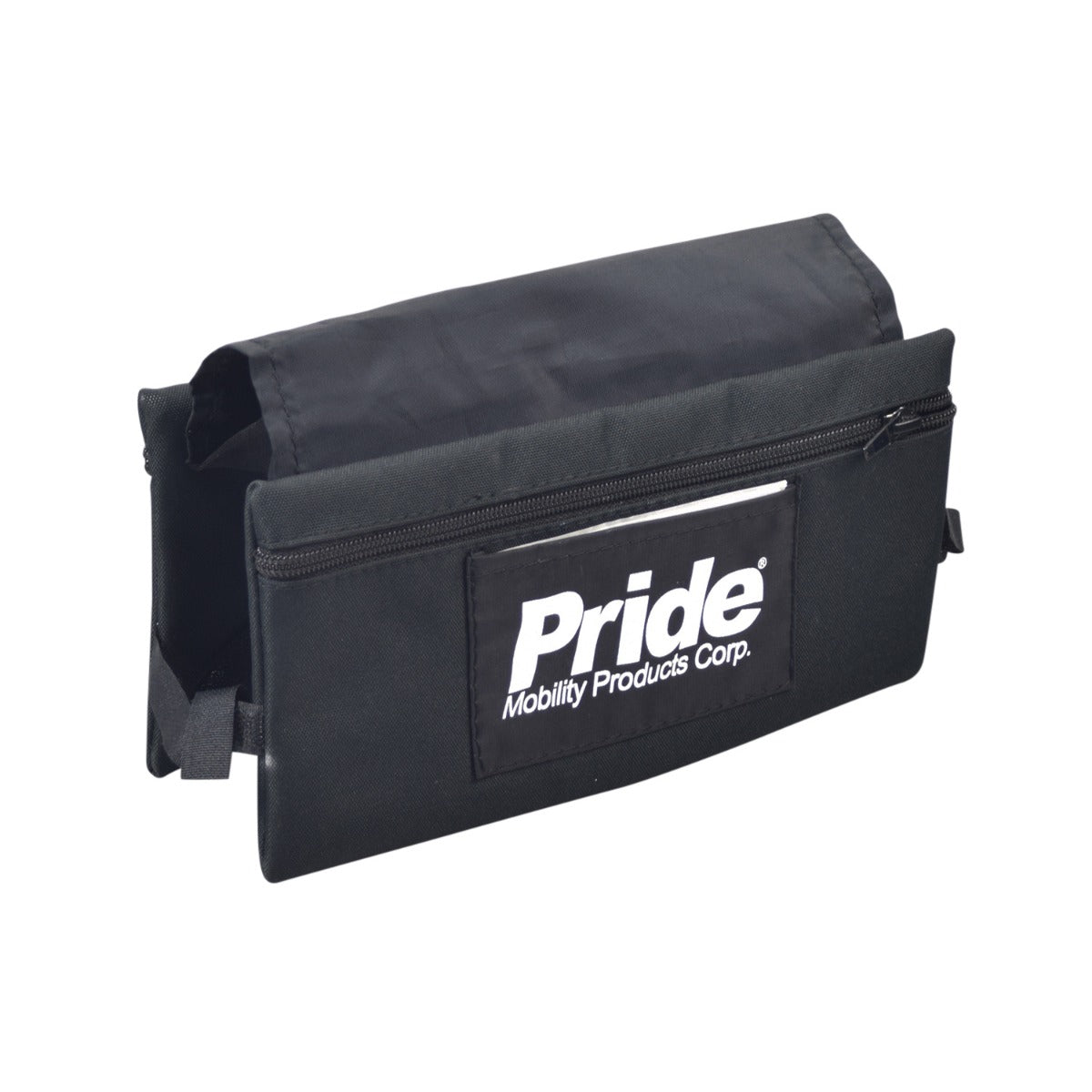 12-1/2 x 9-7/8 Dual Saddle Bag for Pride Mobility Scooters, featuring a black exterior with a white logo, designed to rest on the armrest of mobility scooters.