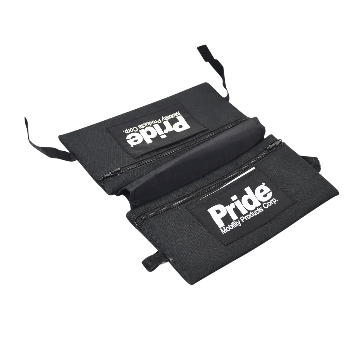 12-1/2 X 9-7/8 Dual Saddle Bag for Pride Mobility Scooters, featuring visible white text, designed to rest on the armrest of mobility scooters and power chairs, with a close-up view of the bag's zippered section.