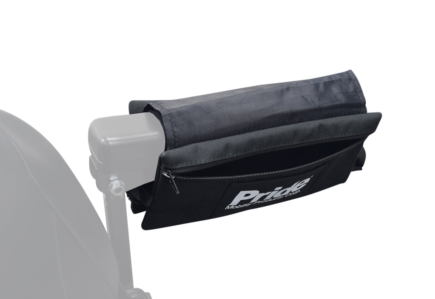 12-1/2 x 9-7/8 Dual Saddle Bag for Pride Mobility Scooters, shown on a chair armrest, featuring a zipper and white text on the front.