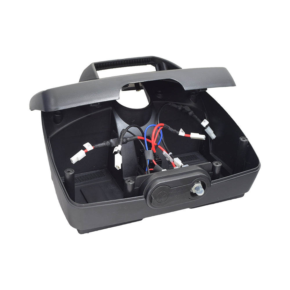 Standard Capacity Battery Box Assembly for the Go-Go Elite Traveller (SC40E/SC44E), featuring a black plastic box with wires, a handle, and a key, suitable for OEM replacement or backup power.