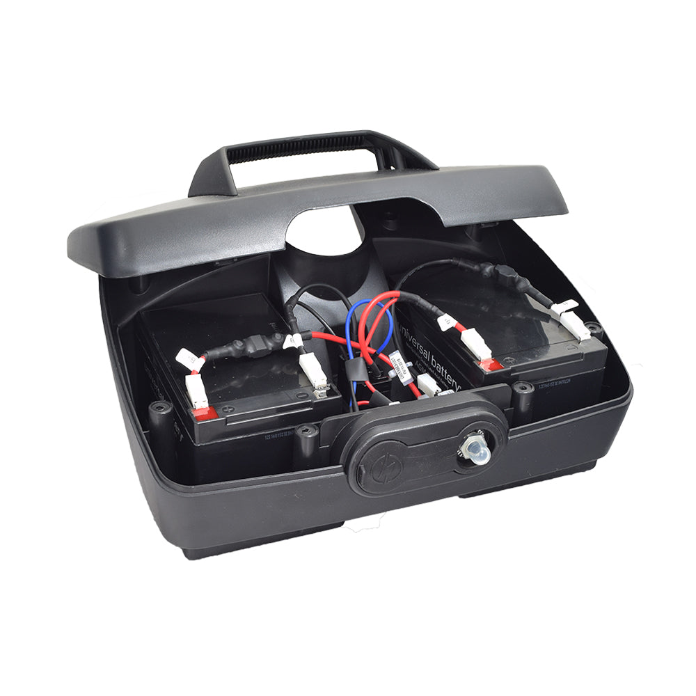 Standard Capacity Battery Box Assembly for the Go-Go Elite Traveller, featuring a black plastic box with attached wires, designed as an OEM replacement or backup power source for scooters.