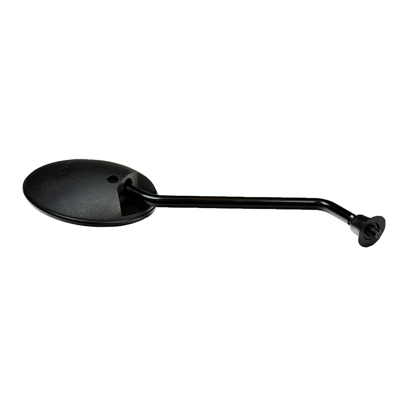 Screw-In Mirror for Pride Mobility Scooters with a long arm and adjustable positioning, compatible with various Pride models. Includes a black metal rod and screwdriver for installation.