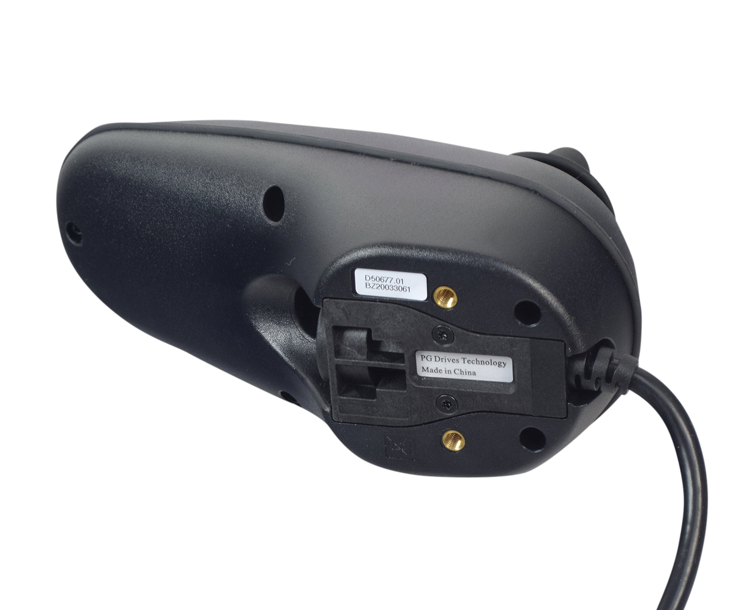 VR2 Joystick Controller for Drive Power Chairs, featuring a black device with a white label and attached wire, showcasing detailed close-ups of its control surface and label.