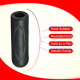 Hand Grip for Go-Go, Mega Motion, and Pride Mobility Scooters, featuring a black rubber tube with red and white text, designed for replacement on compatible models, excluding those with mirror mounts.