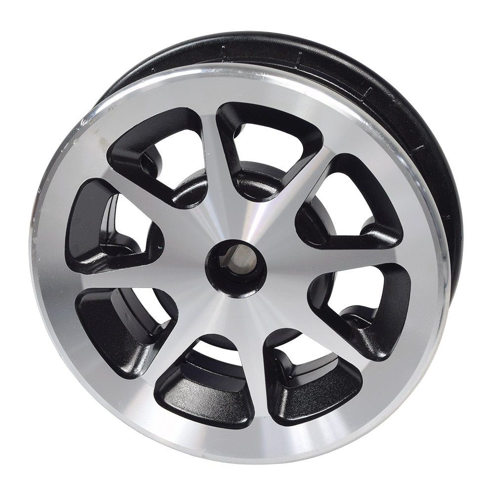 8 Rim Assembly for Jazzy & Jet Power Chairs (Blemished) featuring a black and silver split rim with visible scratches. Includes reinforced honeycomb design and Allen bolts.