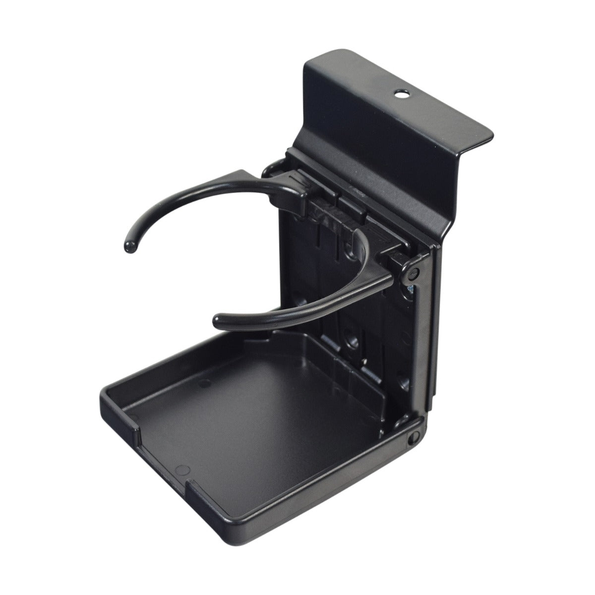 Cup Holder for Pride Mobility Scooters & Power Chairs with Molded Seats (C Style) featuring a black plastic tray with a flip-up handle, C-style mounting bracket, and necessary hardware.