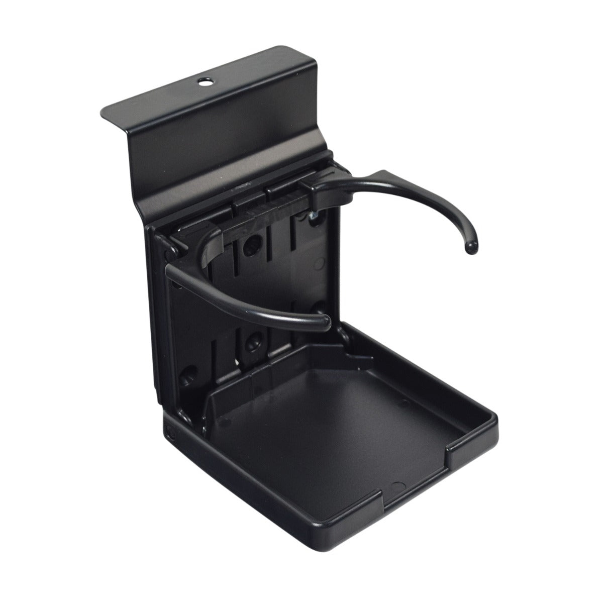 Cup Holder for Pride Mobility Scooters & Power Chairs With Molded Seats (C Style) features a black plastic tray with a handle, flip-up design, and includes mounting bracket and hardware.