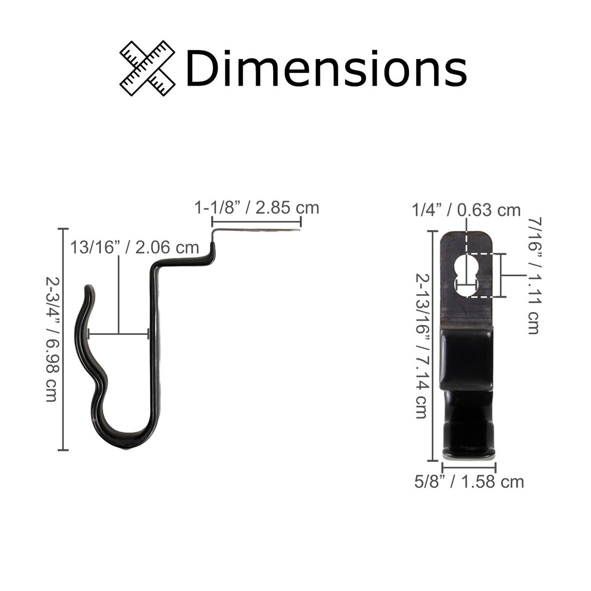 Clip Cane Holder for Pride & Go-Go Mobility Scooters (Set of 2) shown in a diagram, illustrating the metal hook design and attachment points for armrest frames of various scooter models.