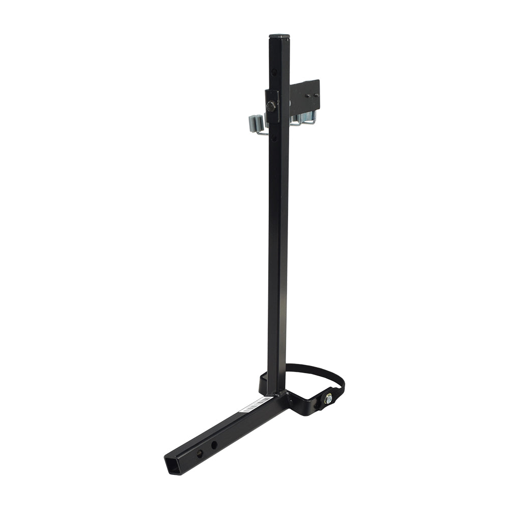 Forearm Crutch Holder Assembly for Pride Mobility Scooters, featuring a black metal stand with a strap, designed to mount easily to the scooter's accessory bar using included brackets and screws.