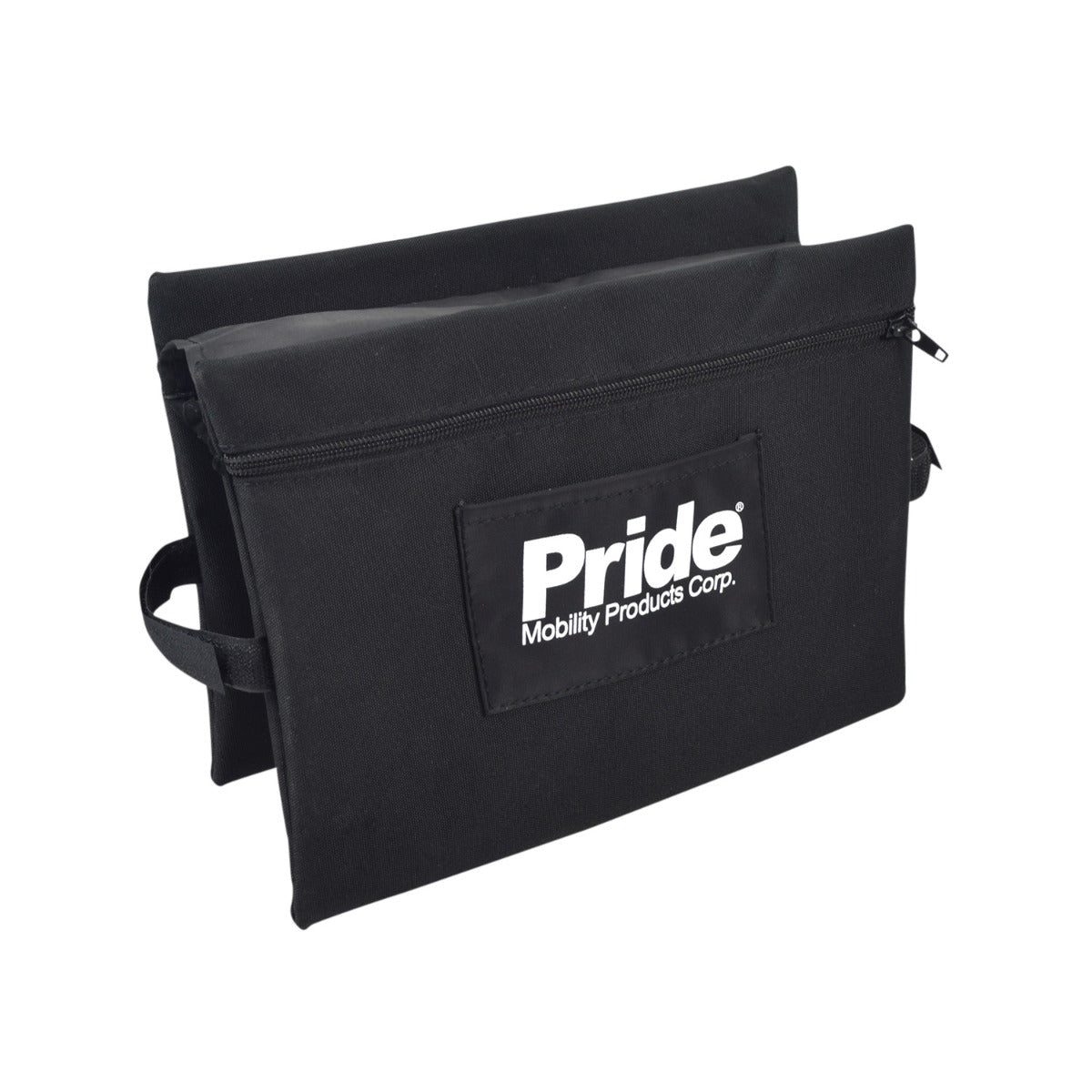 11-3/4 x 17 Dual Saddle Bag for Pride Mobility Scooters, featuring a white logo on black fabric, designed to rest on the armrest of your mobility scooter's seat.