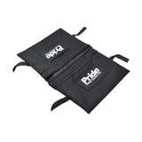 11-3/4 x 17 Dual Saddle Bag for Pride Mobility Scooters, featuring zippers and a logo, designed to rest on the armrest of a scooter's seat.