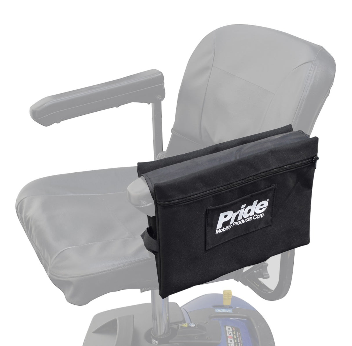 Black 11-3/4 x 17 dual saddle bag designed for Pride Mobility Scooters, shown resting on the armrest of a chair, highlighting its practical placement and integration with mobility aids.