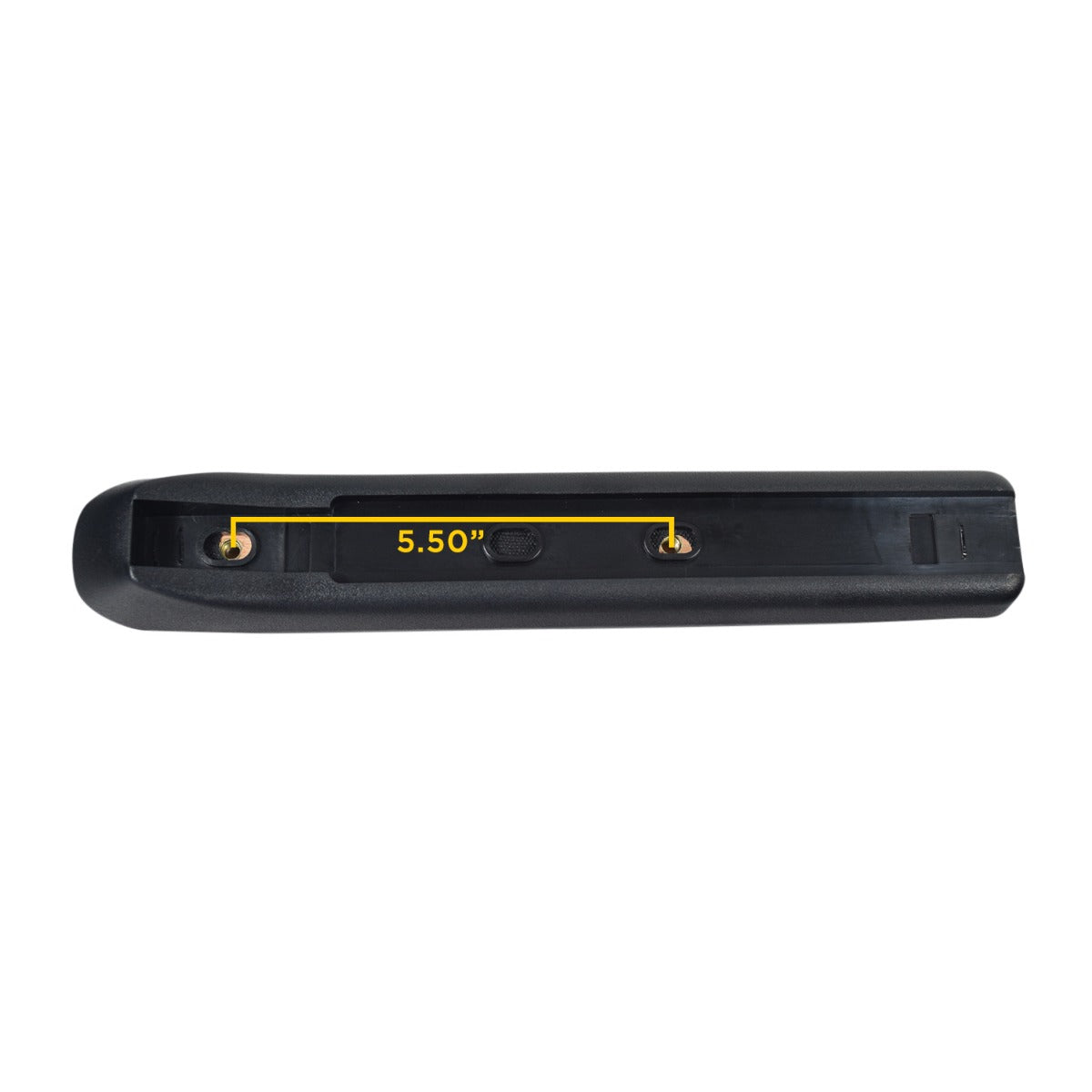 12 Black Vinyl Armrest Pad for the Pride Victory 9 and 10, shown as a black rectangular object with a yellow stripe and text, suitable for various scooters.