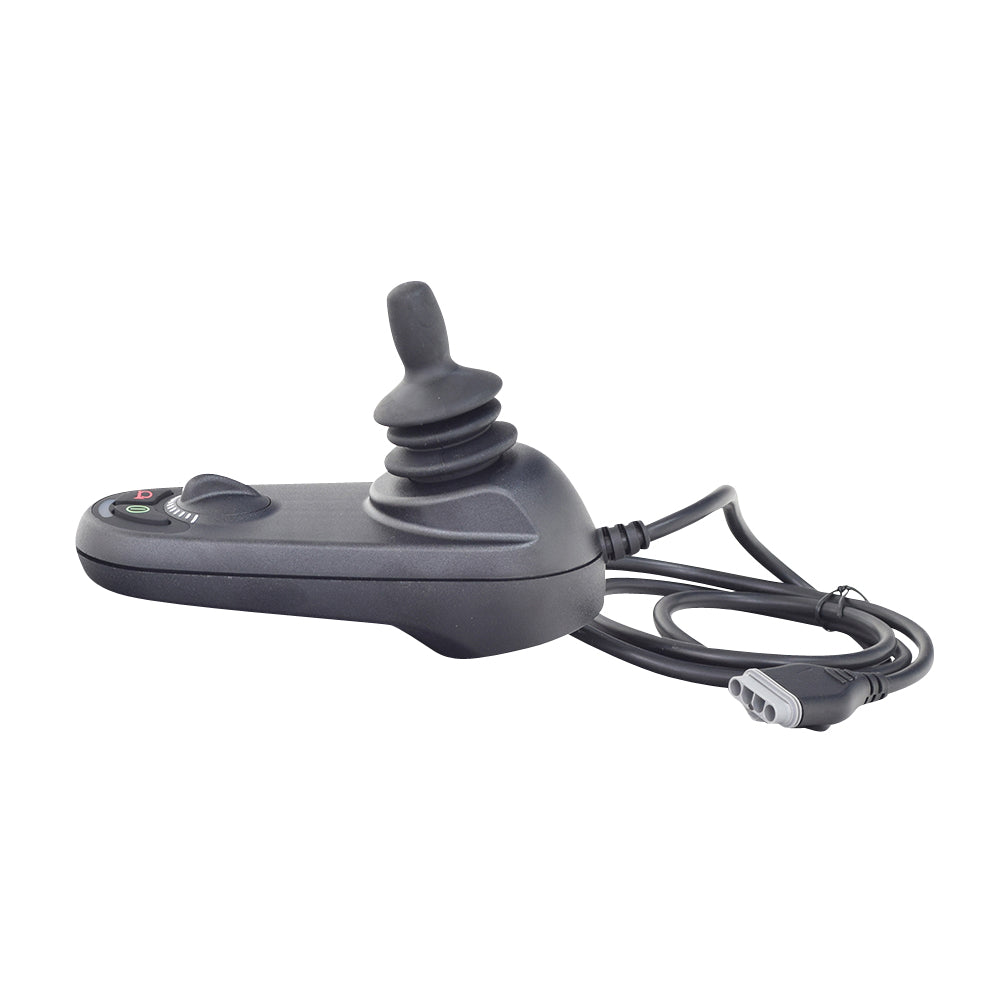 2 Key GC2/GC3 Joystick Remote with 4 Prong Connector, featuring a black joystick and attached cable for Jazzy and Jet power chairs by Pride Mobility.