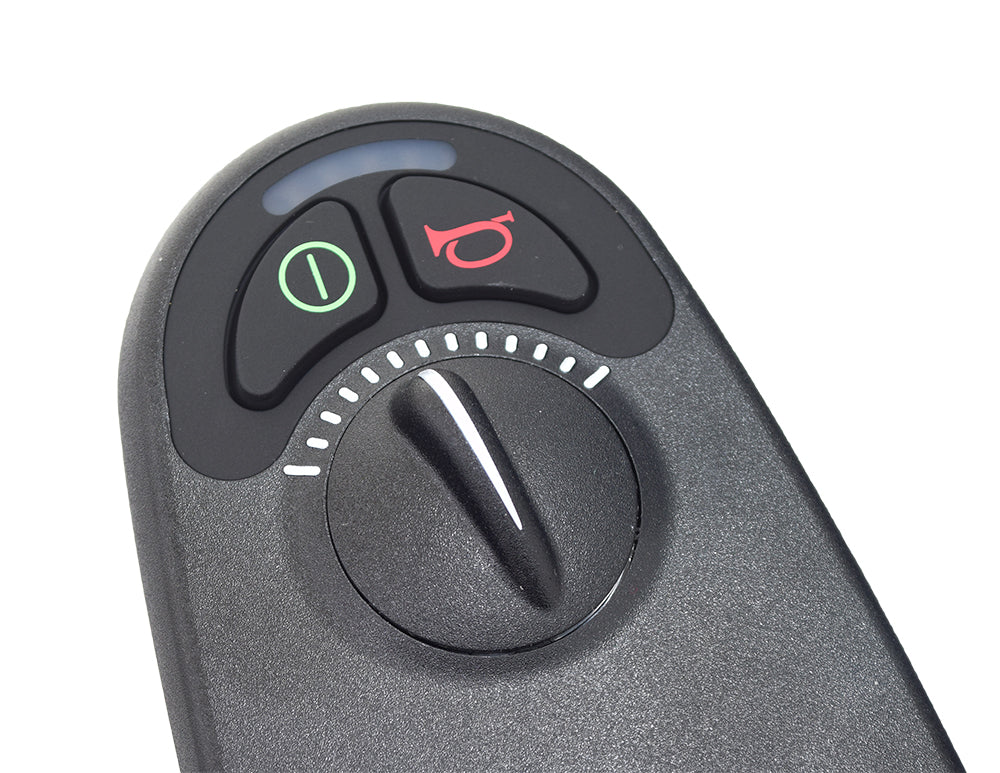 Close-up of the 2 Key GC2/GC3 Joystick Remote with 4 Prong Connector, featuring a speed dial and buttons for Pride Mobility Jazzy and Jet power chairs.