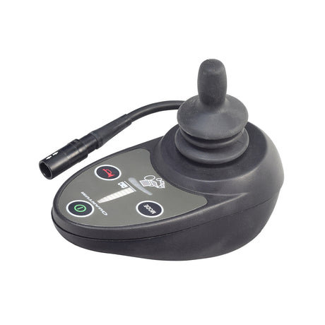 3 Key Remote Plus Joystick Controller by PG Drives Technology featuring a black joystick with a black cord, keypad for functions including horn, mode, on/off switch, speed setting, and power accessory indicators.