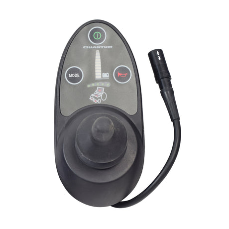 3 Key Remote Plus Joystick Controller featuring a black device with a keypad for functions like horn, mode, on/off switch, speed setting, and power accessory indicator, suitable for various power chair models.