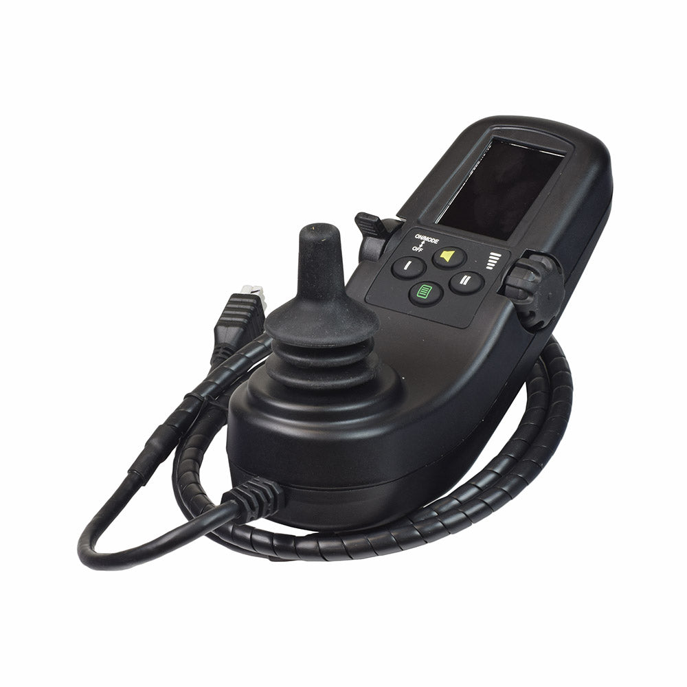 Q-Logic EX Series 4-Key Joystick Controller with LCD Color Display, featuring a black device with a screen, wires, and a cord, designed for advanced power chair control and customization.