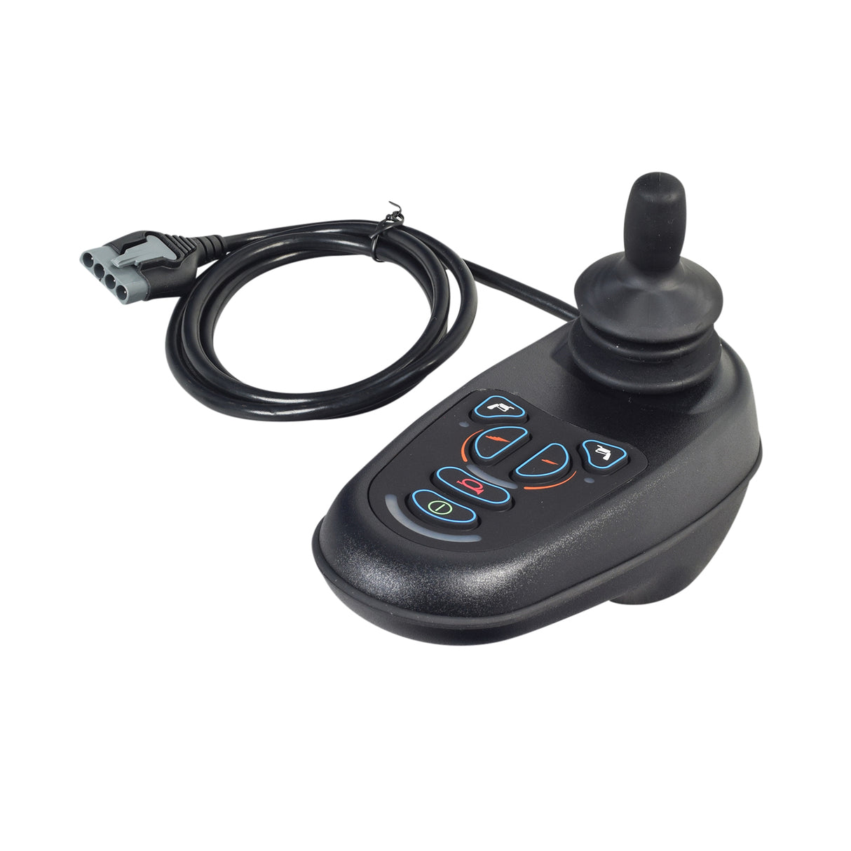 6-Key VR2 Joystick Controller with 2-Meter Cable for the Jazzy Air Power Chair, featuring a black remote control with an attached long cable.