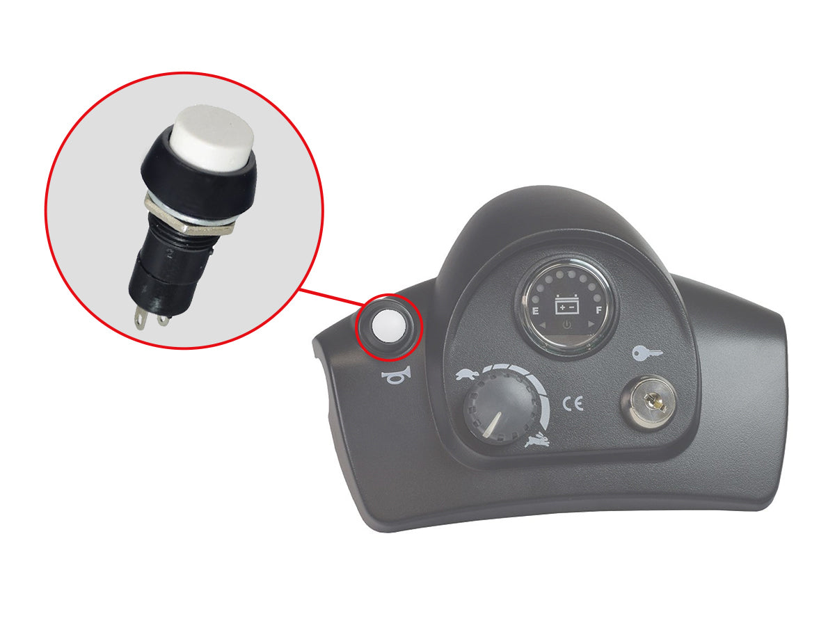 Close-up of the Horn Button Switch for the Go-Go Elite Traveller, Elite Traveller LR, Ultra X, & Pride Mobility Scooters, showcasing the 2-pin design and push-button mechanism.