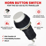 Horn Button Switch for the Go-Go Elite Traveller, Elite Traveller LR, Ultra X, & Pride Mobility Scooters - close-up of the black and white button with text, showcasing its 2-pin connection.