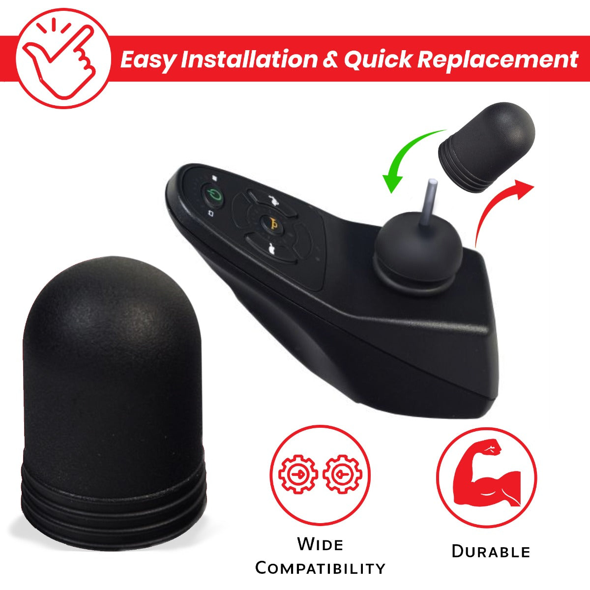 Joystick Knob for Dynamic Joystick Remotes (Shark, SPJ+, A-Series); close-up of a black cylindrical knob with a round cap, designed as a replacement part for various power chair joystick controllers.