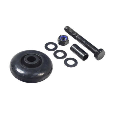 Anti-Tip Wheel Assembly for Go-Go, Pride, and Vive Mobility Scooters: Close-up of a black metal object with bolt, nut, and washers, designed for stability enhancement in mobility scooters.