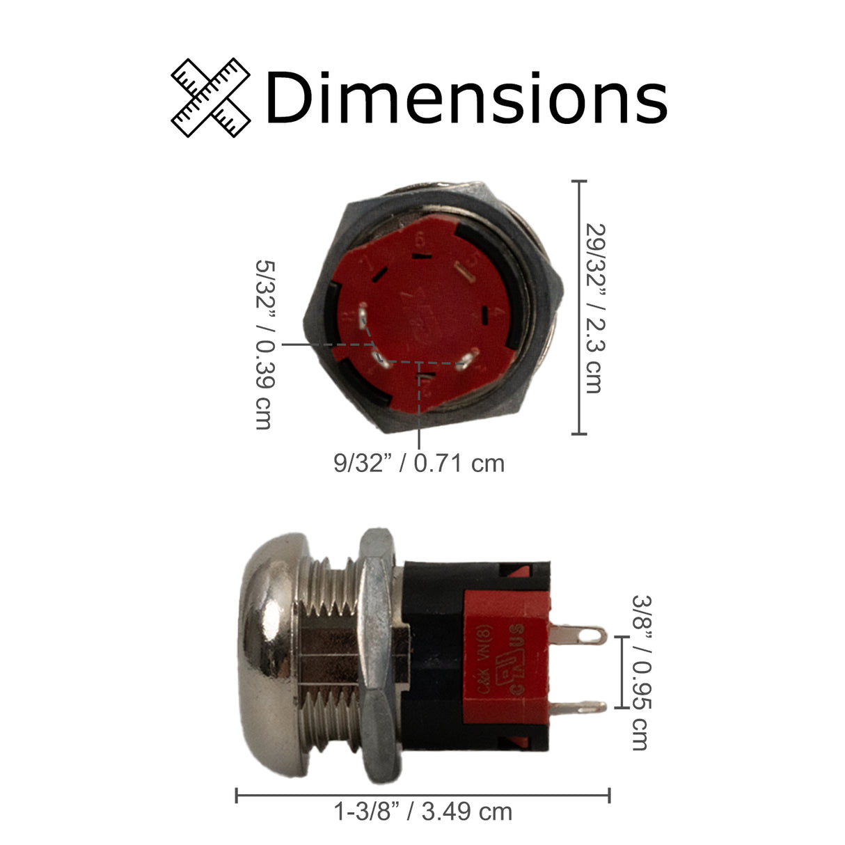 Key Switch with Standard Metal Head Keys for Amigo, Go-Go, and Pride Mobility Scooters, featuring a small round metal object with a red and black cap and a close-up of the screw mechanism.