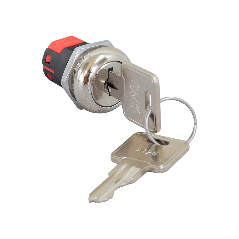 Key Switch for Pride Maxima (SC900/SC940) featuring an ignition module with two metal keys attached to a key ring, designed to connect directly into the scooter's tiller wiring harness.