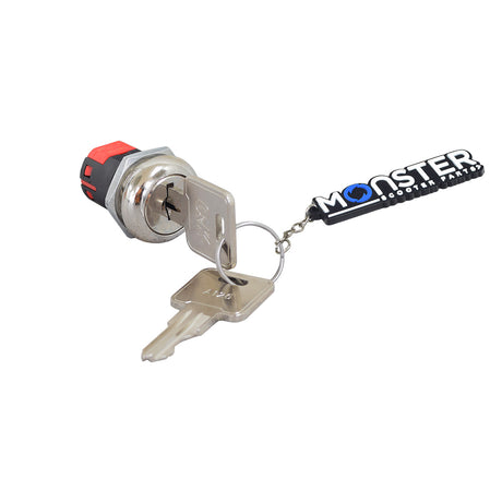 Key Switch with Standard Metal Head Keys for Amigo, Go-Go, and Pride Mobility Scooters, featuring a metal key with a circular keyring attached to a black and white logo keychain.