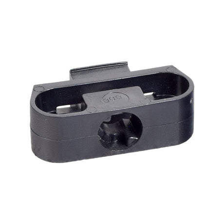 Snap-on Shroud Clip for Jazzy & Quantum Power Chairs, a black plastic object with holes, essential for fastening shrouds on various models. Close-up details highlight its structure and functionality.