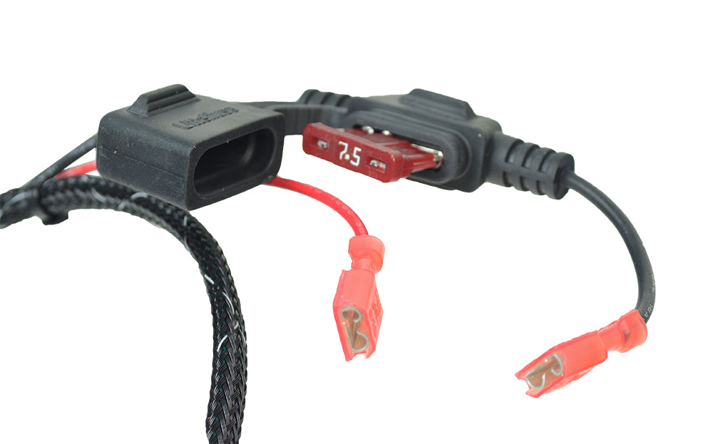 Wiring Harness with Fuse and Fuse Holder for Jazzy & Jet Power Chairs, showing a close-up of a black cord with a red and black cable, including a black connector.