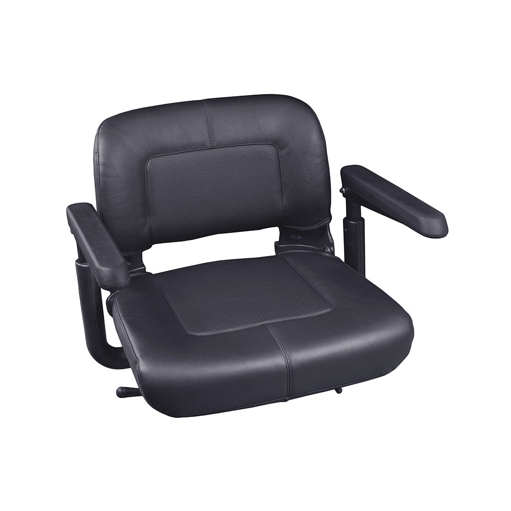 19x16 Molded Plastic Seat Assembly for the Pride Celebrity X (SC400/SC4001/SC440/SC4401) featuring a black vinyl seat and backrest, armrests, and a seatback pouch with a reflective stripe.