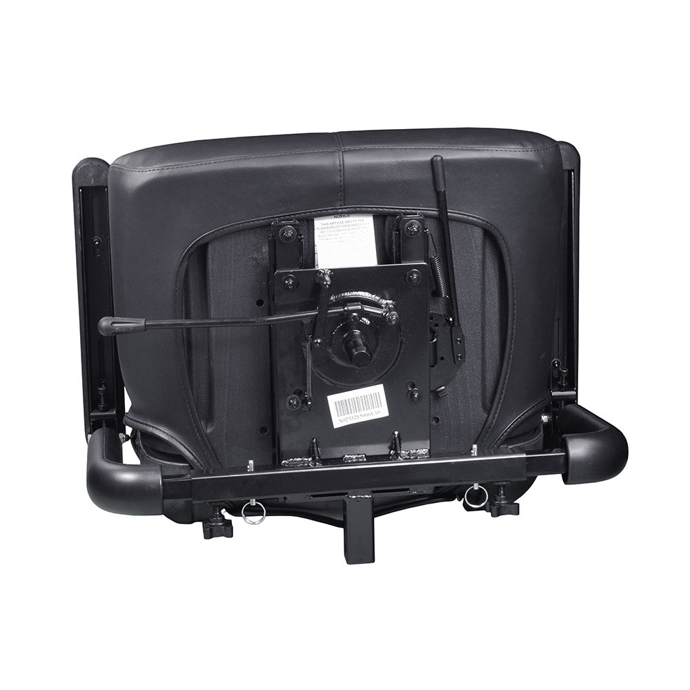 19x16 Molded Plastic Seat Assembly for the Pride Celebrity X, showing the back of the black office chair with a reflective pouch on the seatback.