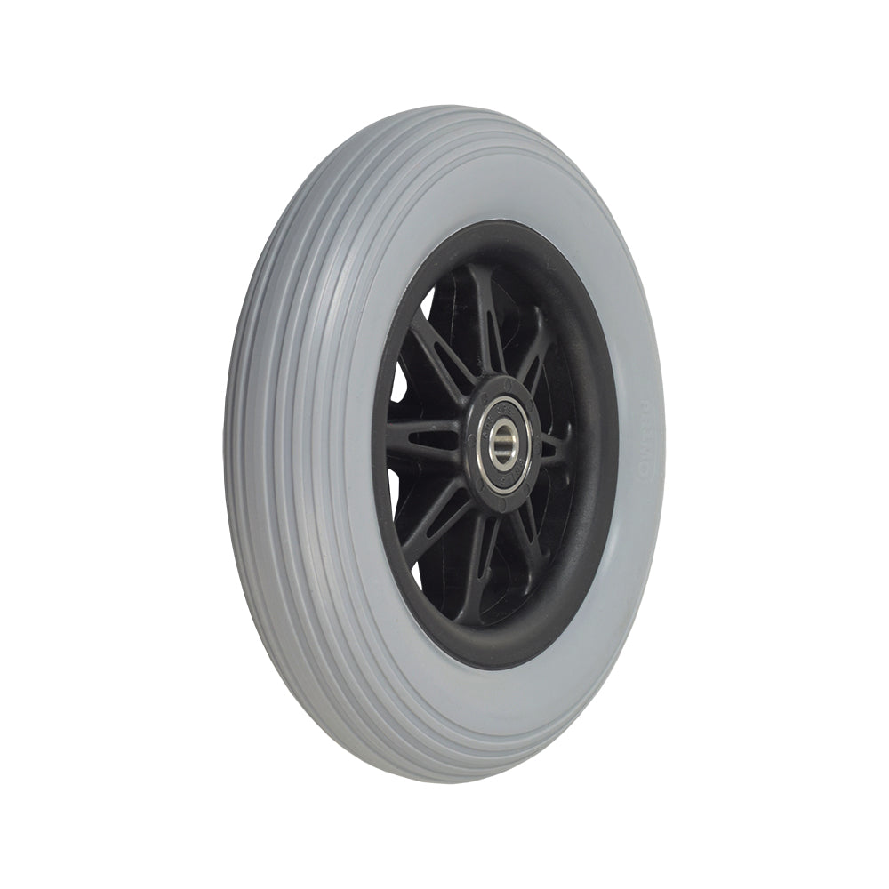 6 Front Anti-Tip Wheel Assembly for Jazzy, Jet, and Quantum Power Chairs, showcasing a close-up of a black rimmed wheel with a molded tire, designed for front mounting on power chairs.