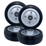 Rear Caster Wheel Assembly for Jazzy Select, Jazzy Select Elite, and Pride TSS 300 (WHLASMB2047) featuring close-up views of black and silver wheel components, including screws and spacers, designed for powerchairs.