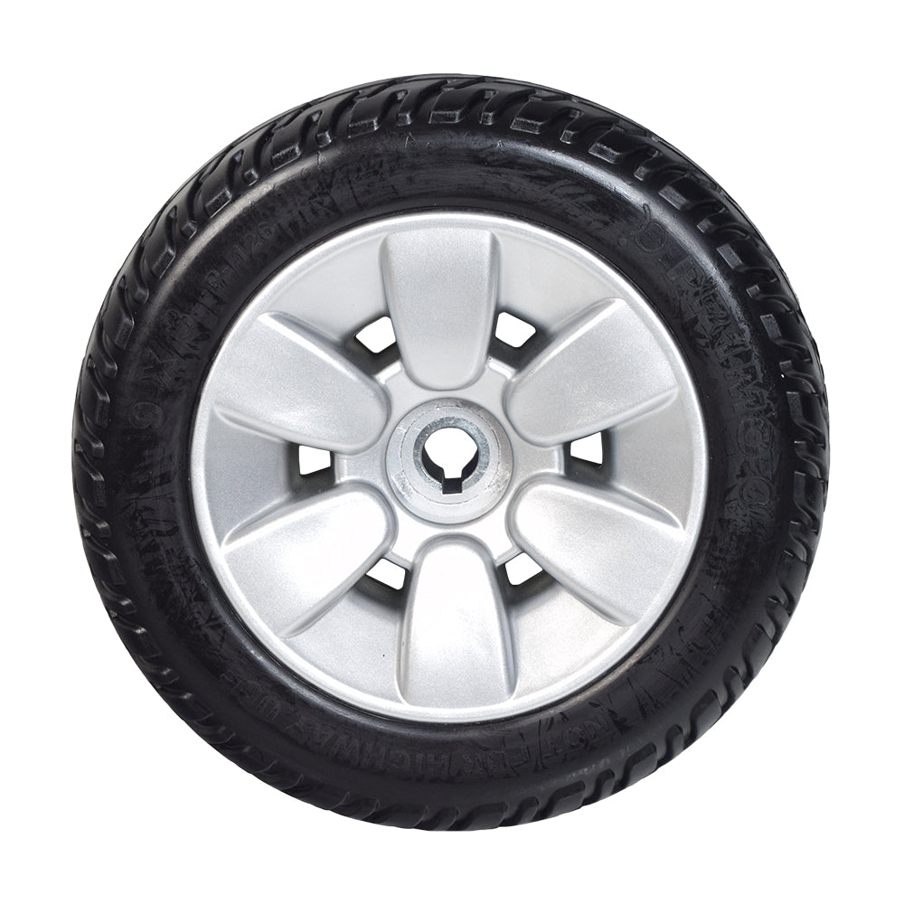 9x3 Flat-Free Drive Wheel Assembly with Silver Rim & Black Tire for Jazzy Select Elite & Pride TSS 300, featuring a black solid tire mounted on a silver rim, designed for electric power chairs.