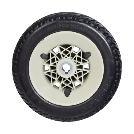 9x3 Flat-Free Drive Wheel Assembly with Silver Rim & Black Tire for Jazzy Select Elite & Pride TSS 300, featuring a solid black tire mounted on a silver rim, close-up view.