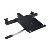 Seat Platform for Molded Plastic Seat Assemblies on Go-Go Mobility Scooters, shown from the bottom rear, featuring a black metal structure with handles, screw, and holes, designed as a factory OEM replacement part.