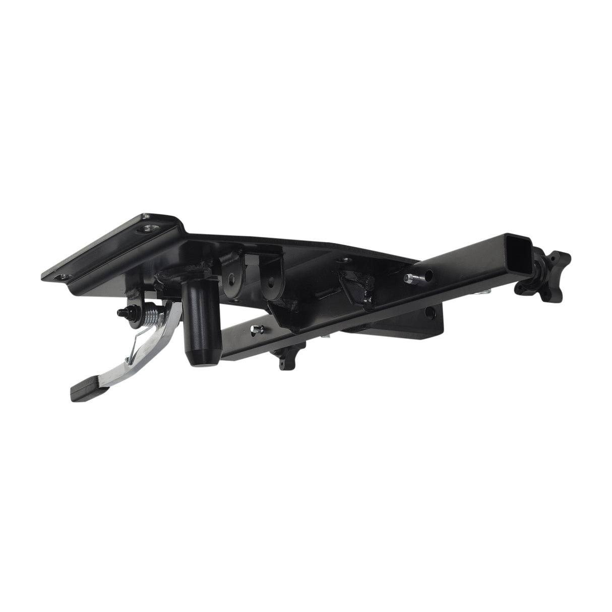 Seat Platform for Molded Plastic Seat Assemblies on Go-Go Mobility Scooters, featuring a black metal bracket with a lever and screws, shown from the bottom rear.