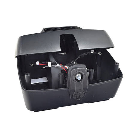 Battery Box Assembly for the Go-Go Elite Traveller LR, featuring a black box with attached wires and removable battery options, ideal for replacement or backup power for extended rides.