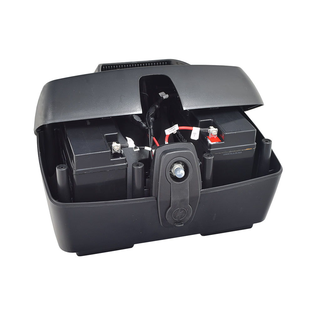 Battery Box Assembly for the Go-Go Elite Traveller LR (SC40LR/SC44LR) showing a black box with attached wires and a key, suitable for replacing or upgrading scooter batteries.