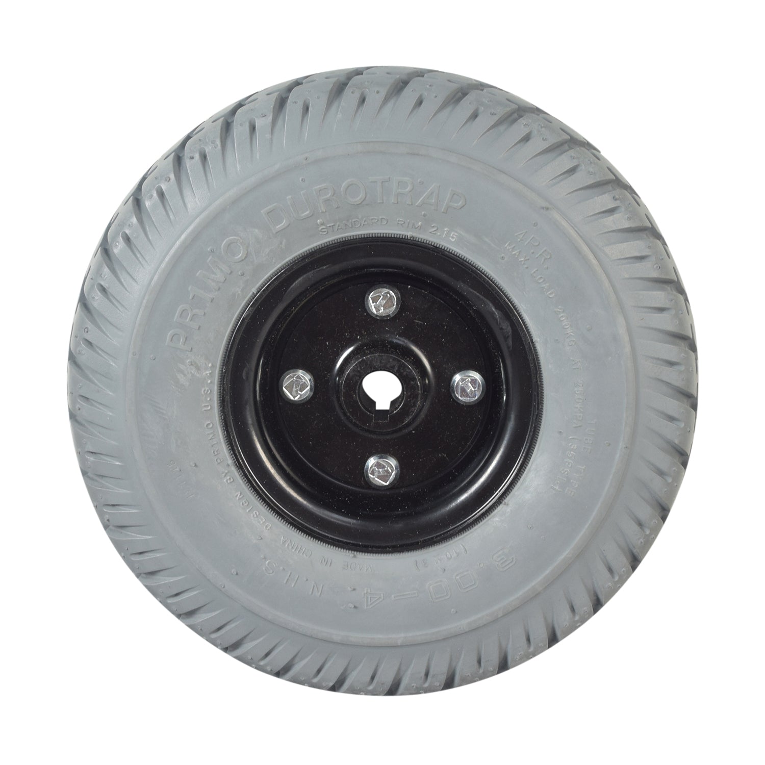 3.00-4 (10x3, 260x85) Flat-Free Drive Wheel Assembly for Jazzy Select power chairs, featuring a black rim, central hole, and visible screws, compatible with models from Feb. 2006 to Feb. 2010.