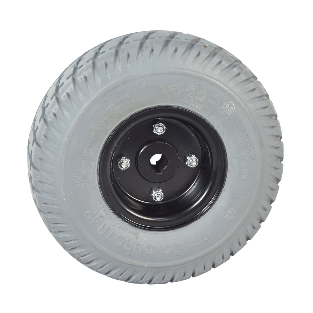 3.00-4 (10x3, 260x85) Flat-Free Drive Wheel Assembly for Jazzy Select - Manufactured between Feb. 2006 & Feb. 2010, showing a black rim with visible screws and a keyhole.